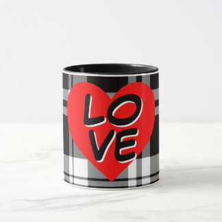 Klassischer Schwarz-Weiß-Tartan-Karo-Rot-Herz-Deta Tasse