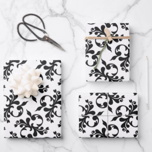 Klassischer Schwarz-weißer Rokoko Muster Weihnacht Geschenkpapier Set