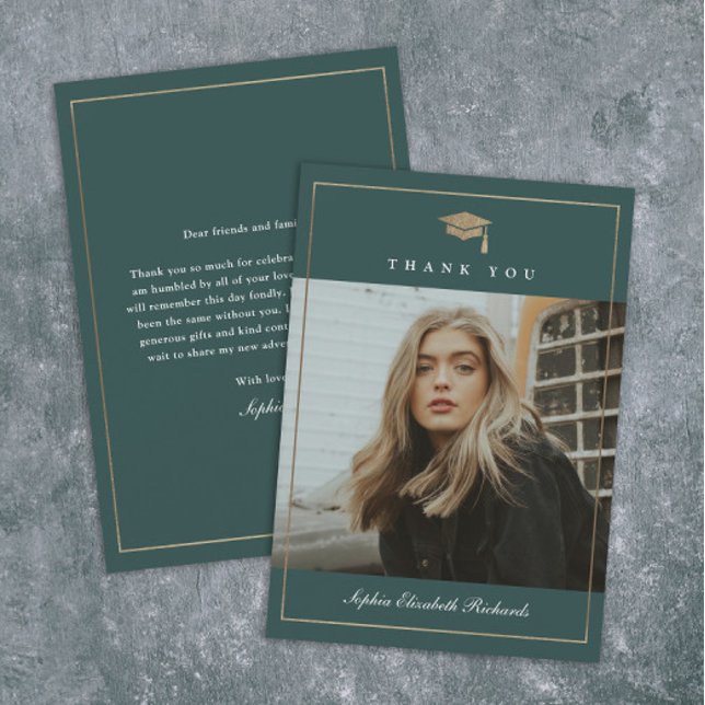 Klassischer Script Gold Foto Abschluss Dankeskarte (Elegant gold graduation cap green photo graduation thank you cards.)