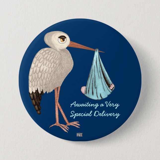 Klassischer Storch (blau) (Babydusche) Button (Vorderseite)