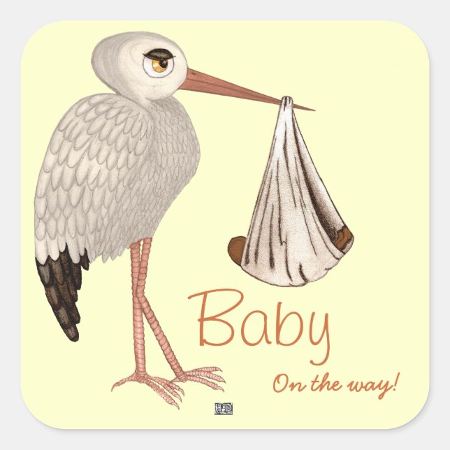 Klassischer Storch (neutral) 2 (Babydusche) Quadratischer Aufkleber (Vorderseite)