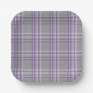 Klassischer Tartan kariert. Grau, lila Pappteller