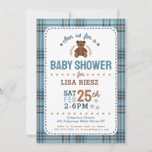 Klassischer Tartan-Karo-Teddybär-Baby-Shower Einladung