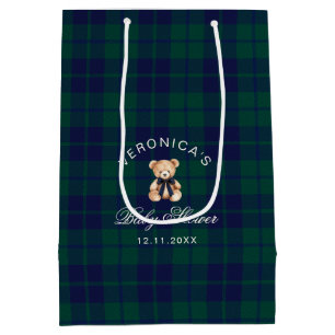 Klassischer Teddybär Navy Kariert Baby Shower Mittlere Geschenktüte