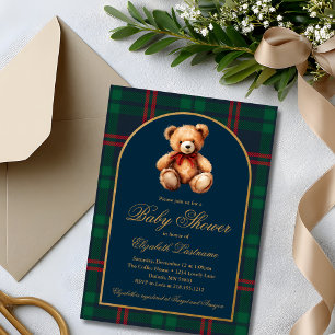 Klassischer Teddybär Navy Karo Vornehme Babyparty Einladung