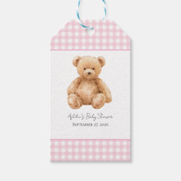 Klassischer Teddybär Rosa Gingham-Baby-Party  Geschenkanhänger