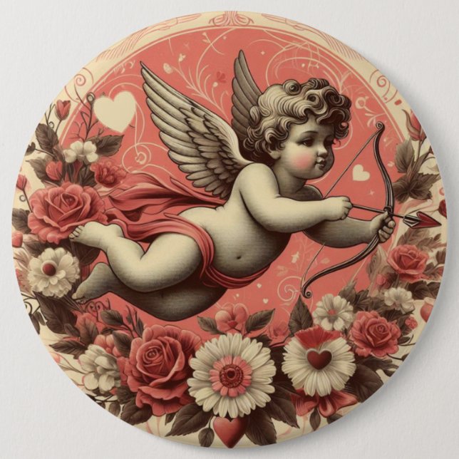 Klassischer/Vintag/Retro-Kupid Valentinstag Button (Vorderseite)