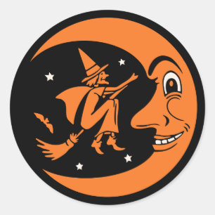 Klassischer Vintager Halloweenmond und -hexe Runder Aufkleber