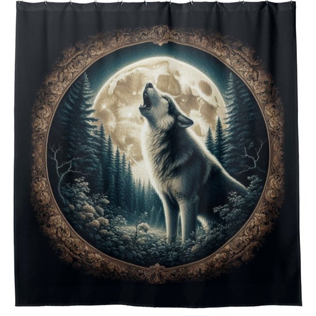 Klassischer, Vintager Wolf und Mond Duschvorhang (Vorderseite)
