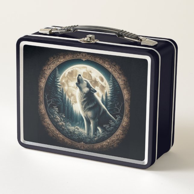 Klassischer, Vintager Wolf und Mond Metall Brotdose (Vorderseite)