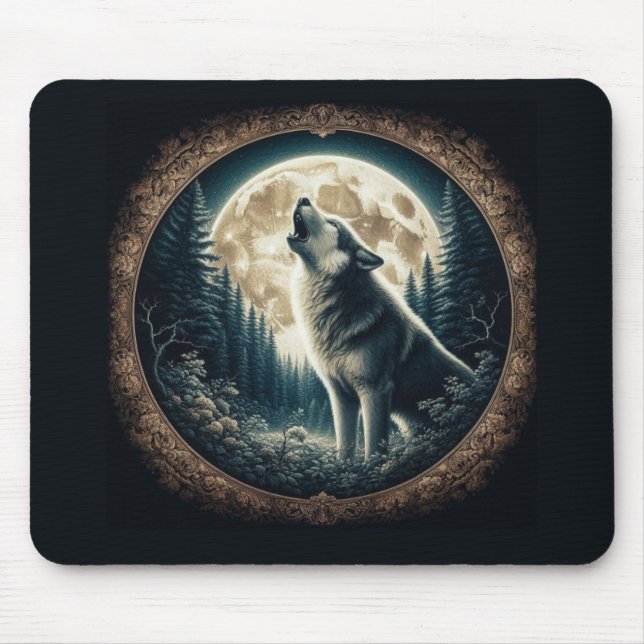 Klassischer, Vintager Wolf und Mond Mousepad (Vorne)