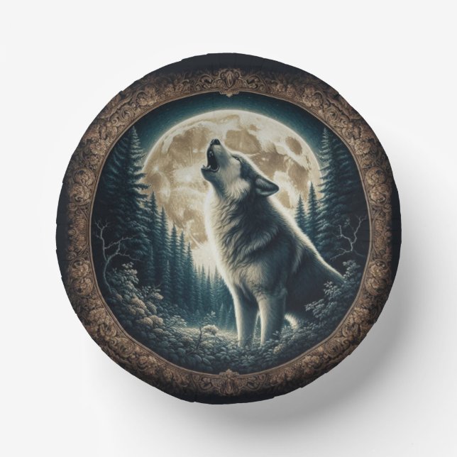 Klassischer, Vintager Wolf und Mond Pappteller (Vorderseite)