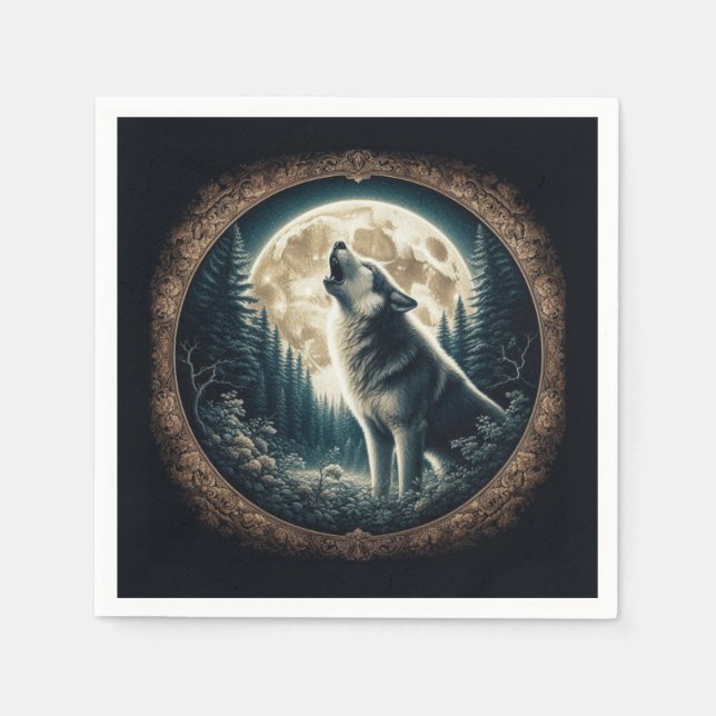 Klassischer, Vintager Wolf und Mond Serviette (Vorderseite)