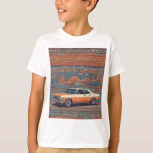 Klassischer Wagen mit blauem und orangefarbenem Mu T-Shirt