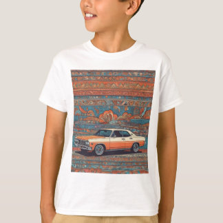 Klassischer Wagen mit blauem und orangefarbenem Mu T-Shirt