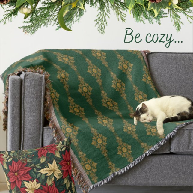Klassischer Waldgrüner Goldmedaillon mit Fransen  Decke (Cuddle up with this fringed throw blanket!)