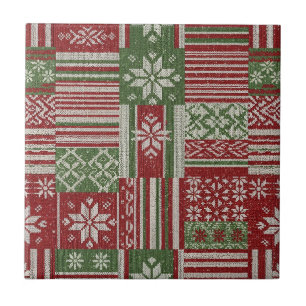 Klassischer Weihnachts-Patchwork-Strick - Rot, Grü Fliese
