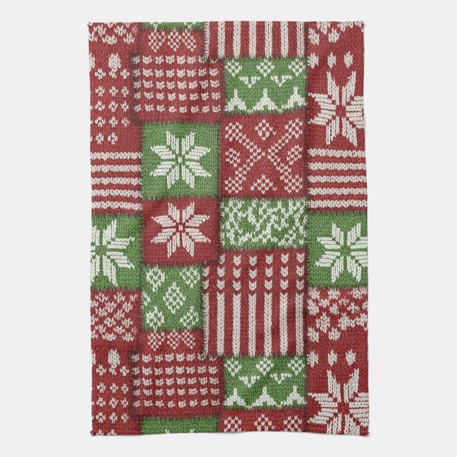 Klassischer Weihnachts-Patchwork-Strick - Rot, Grü Geschirrtuch (Vertikal)