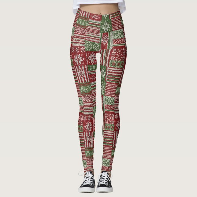 Klassischer Weihnachts-Patchwork-Strick - Rot, Grü Leggings (Vorderseite)