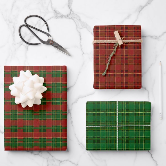 Klassischer Weihnachtskariert Rot Grün Gold Geschenkpapier Set (Vorderseite)