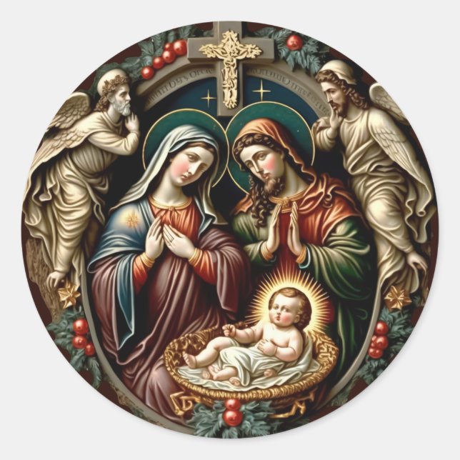 Klassischer Weihnachtskrippen-Sticker Runder Aufkleber (Vorderseite)