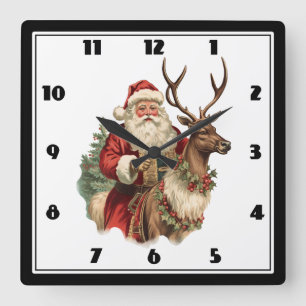 Klassischer Weihnachtsmann auf einem Rentier Weihn Quadratische Wanduhr
