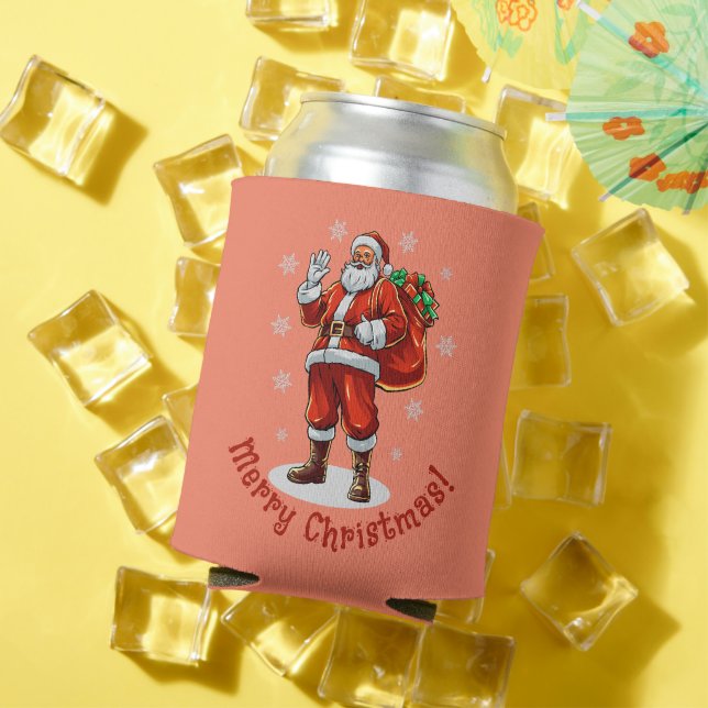 Klassischer Weihnachtsmann bringt Weihnachtsgesche Dosenkühler (In Situ Sommer)