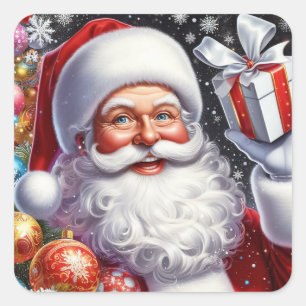 Klassischer Weihnachtsmann mit Geschenk & Ornament Quadratischer Aufkleber