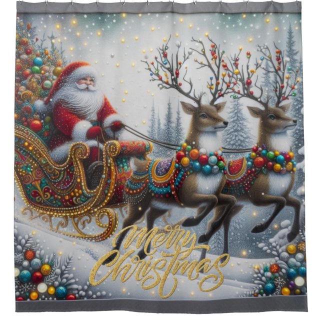 Klassischer Weihnachtsmann und Rentiere Duschvorhang (Vorderseite)