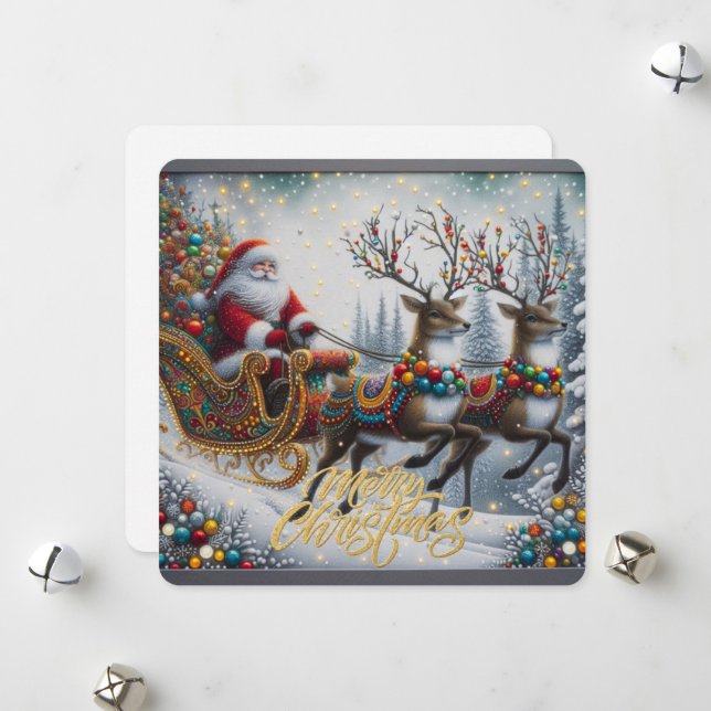 Klassischer Weihnachtsmann und Rentiere Feiertagskarte (Vorderseite/Rückseite Beispiel)