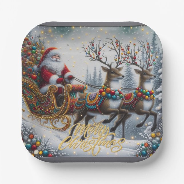 Klassischer Weihnachtsmann und Rentiere Pappteller (Vorderseite)