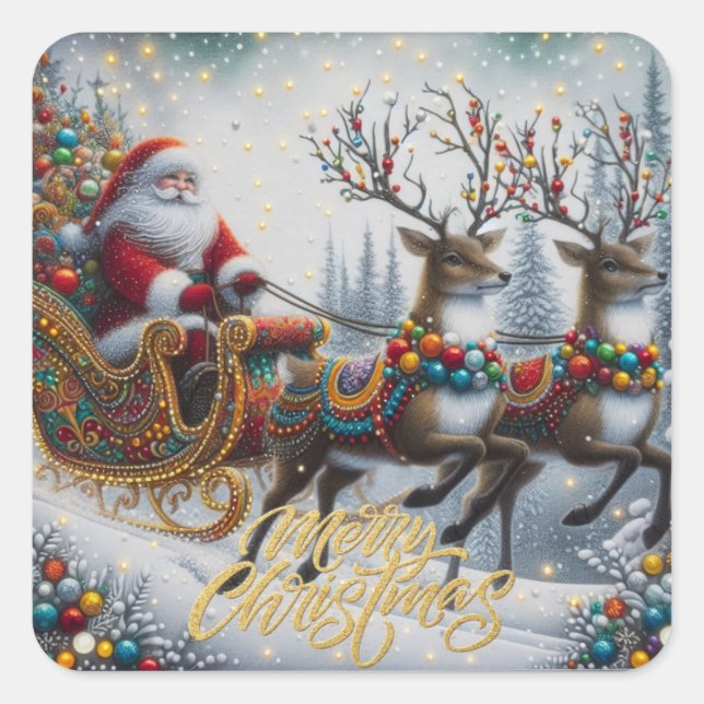 Klassischer Weihnachtsmann und Rentiere Quadratischer Aufkleber (Vorderseite)