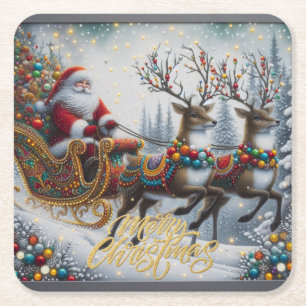 Klassischer Weihnachtsmann und Rentiere Rechteckiger Pappuntersetzer