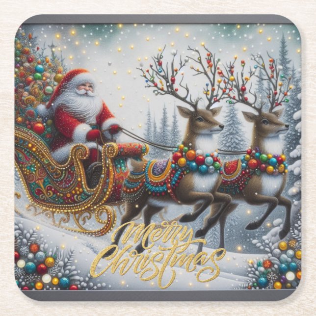 Klassischer Weihnachtsmann und Rentiere Rechteckiger Pappuntersetzer (Vorderseite)