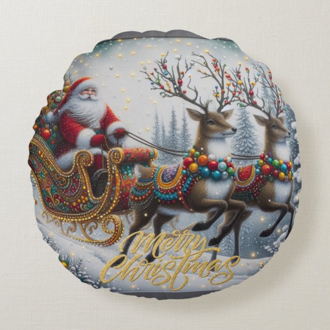 Klassischer Weihnachtsmann und Rentiere Rundes Kissen (Vorderseite)