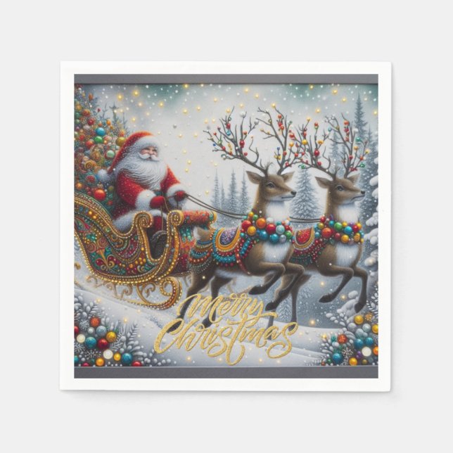 Klassischer Weihnachtsmann und Rentiere Serviette (Vorderseite)