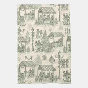 Klassischer Weihnachtsmarkt-Toile in Grün und Crem Geschirrtuch