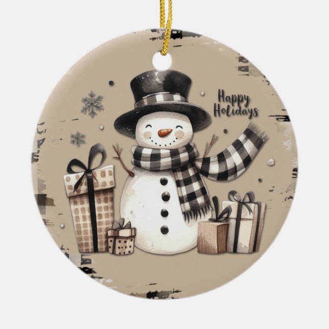 Klassischer Weihnachtsschneemann auf einem kariert Keramik Ornament (Vorne)