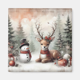 Klassischer Weihnachtswald mit Hirschen/Schneemann Magnet
