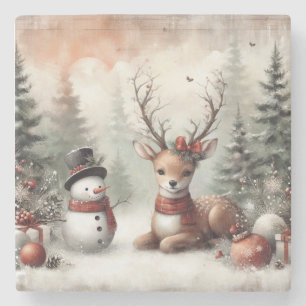 Klassischer Weihnachtswald mit Hirschen/Schneemann Steinuntersetzer