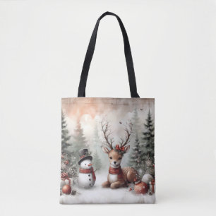 Klassischer Weihnachtswaldhirsch/Schneemann Tasche