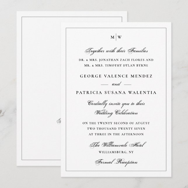 Klassischer Weißer Monogramm-QR-Code zur Hochzeit Einladung (Vorne/Hinten)