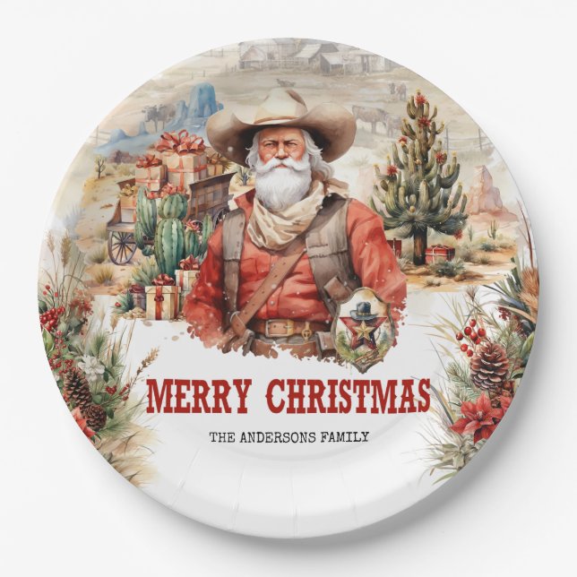 Klassischer Western Santa Sheriff und Cowboy Pappteller (Vorderseite)