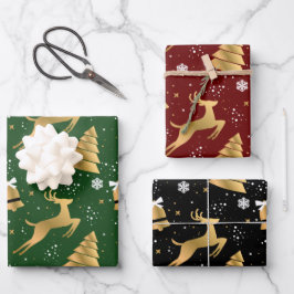 Klassisches 3 Farben Gold Weihnachtsbaum-Muster Geschenkpapier Set