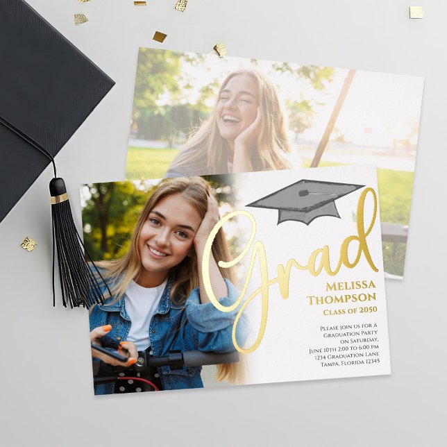Klassisches Abschluss Fotovorlage Gold-Script Folieneinladung (Gold foil graduation photo invitation announcement. )