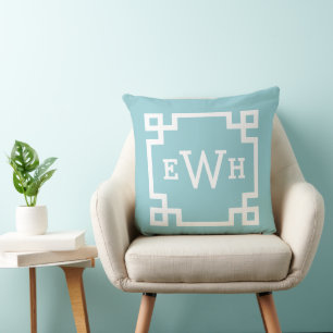 Klassisches Aqua-Griechisches-Schlüssel-Monogramm  Kissen