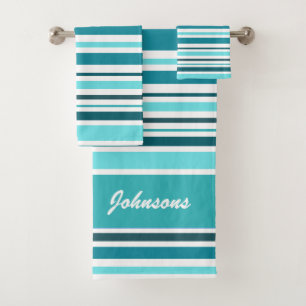 Klassisches Aquamarin gestreiftes Monogramm Badhandtuch Set