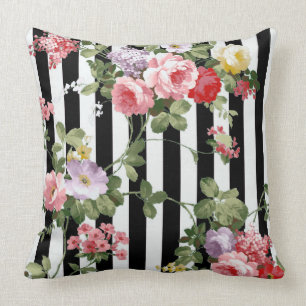 Klassisches Aquarell-schwarzer mit Blumenstreifen Kissen