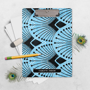 Klassisches Art Deco Blau Schwarz Weiß Pfauenmuste Klemmbrett