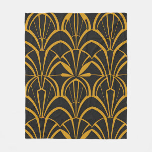 Klassisches Art Deco-Fan-Muster Schwarz Gold Brüll Fleecedecke